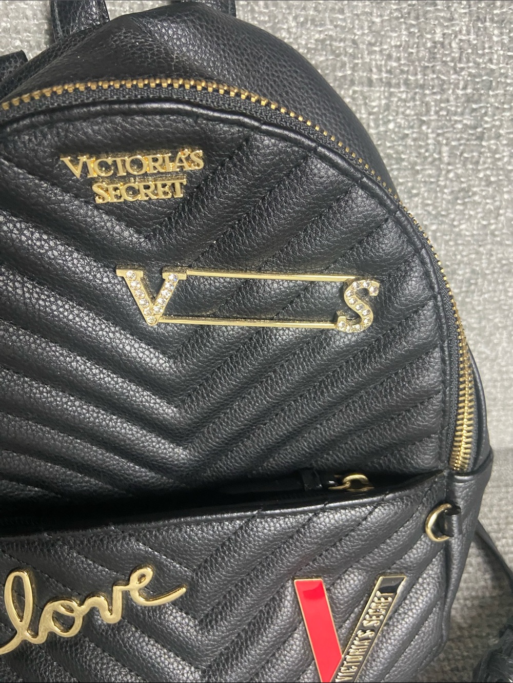 Victoria's Secret Black Quilted Mini Backpack with Gold Accents and Red Detail - Picture 8 of 10